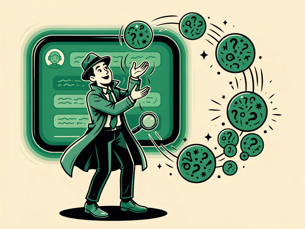 Illustration humoristique d'un détective jonglant avec des bulles de requêtes devant un écran de chatbot IA