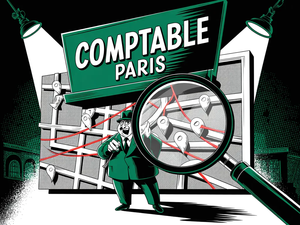 Illustration humoristique d'un commerçant façon détective épinglé sur une carte de ville, fil rouge et loupe sur une enseigne locale